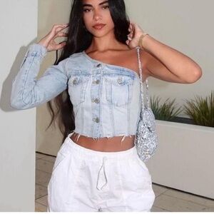 ZARA Denim Off-Shoulder Crop Distressed Ripped Jean Jacket Medium NWT New